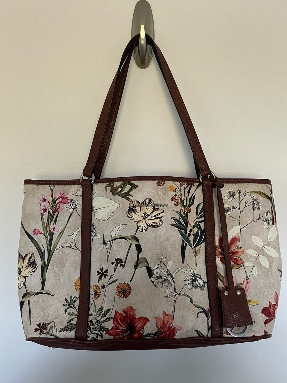 Dana Buchman Floral Canvas Tote Bag with Brown Trim